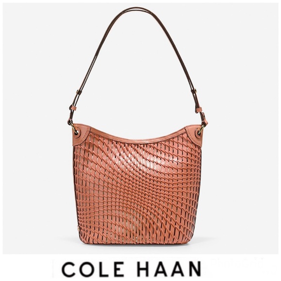 COLE HAAN Genevieve Tan Open Weaved Leather Shoulder Bag Tote Bucket Hobo Bag - Picture 1 of 16